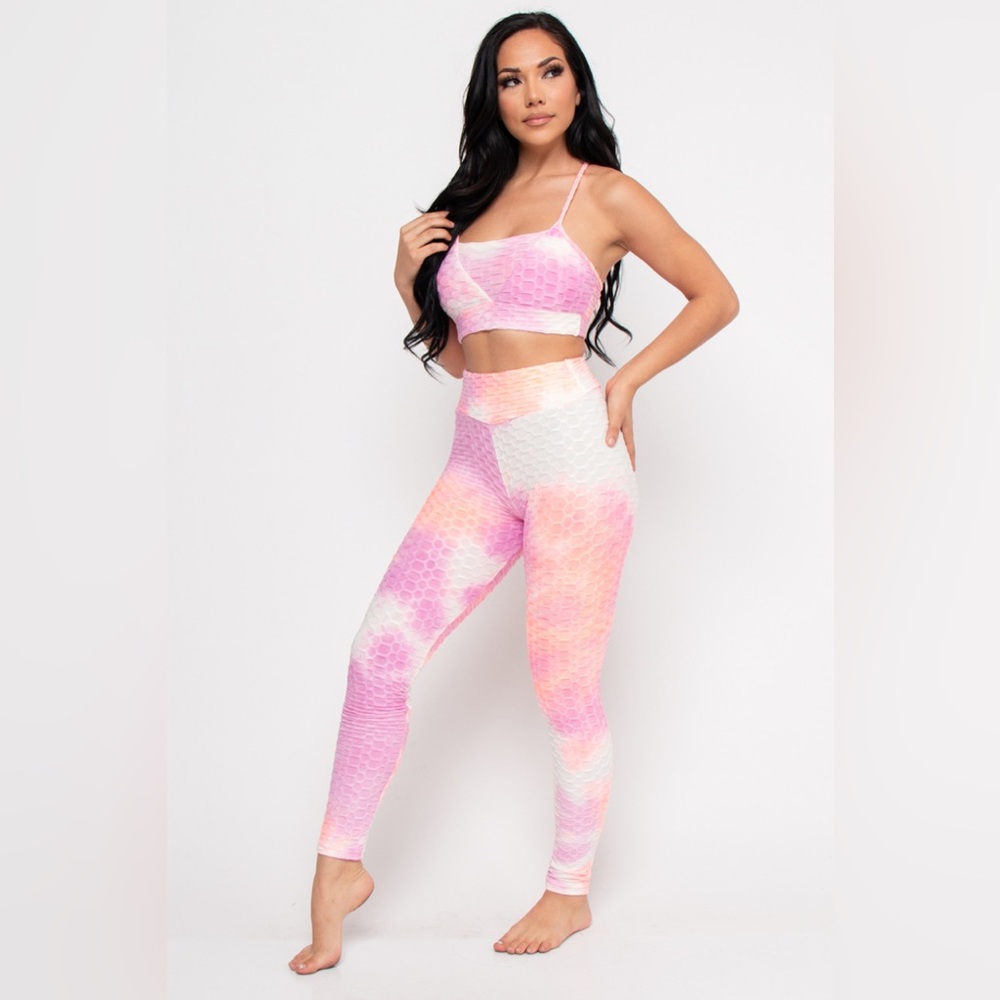 NWT PEACH TYE DIE FITNESS ACTIVE WEAR 2PCS SET SPAGHETTI STRAP SPORT BRA LEGGING